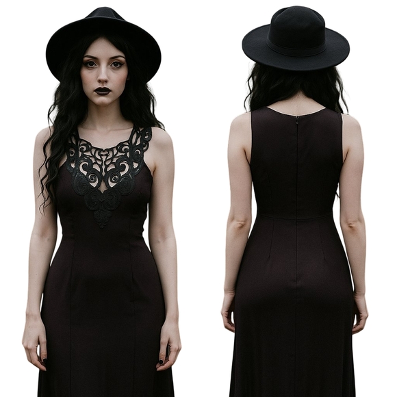 JESSICA McCLINTOCK Gunne Sax Dress Womens 7/8 Black Maxi Gown Lace Witchy Gothic - Picture 1 of 16